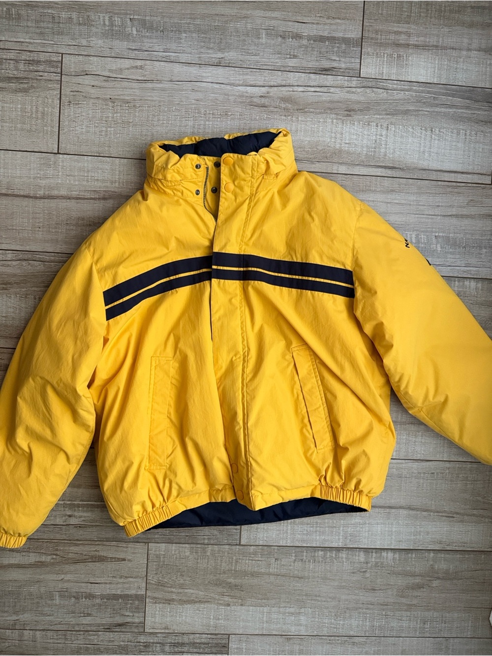 Vintage 90s Nautica Reversible Down Puffer Jacket Yellow Navy Blue XL Stripe